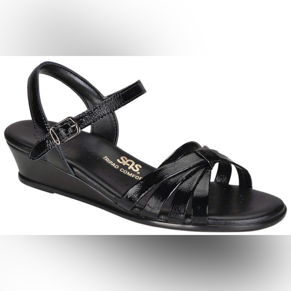 NW/OT SAS Tripad Comfort Strippy Black Patent Sandal Size 9.5 Slim - Picture 2 of 16